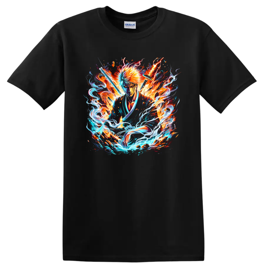 Ichigo Kurosaki Bleach-style swordsman art with fiery and electric energy on a Black T Shirt