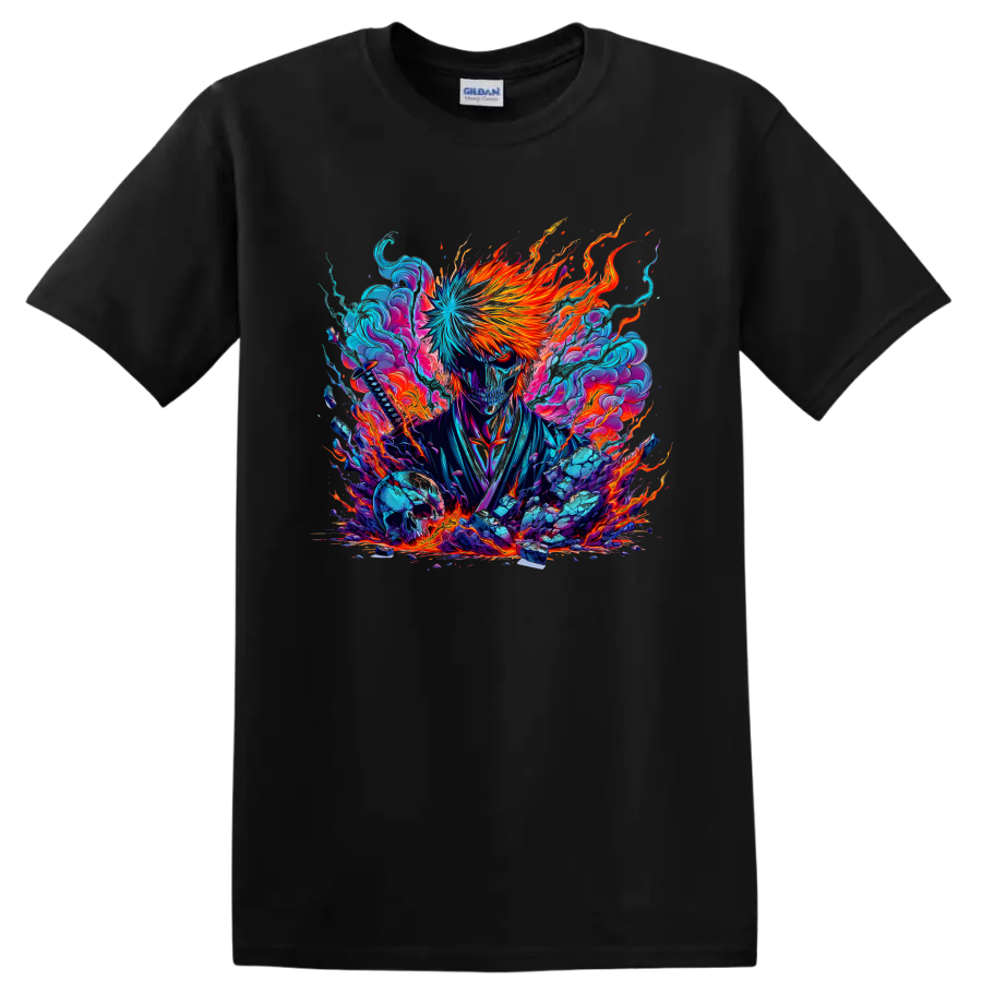 Ichigo Kurosaki Bankai-inspired masked warrior with fiery energy anime graphic on a Black T Shirt