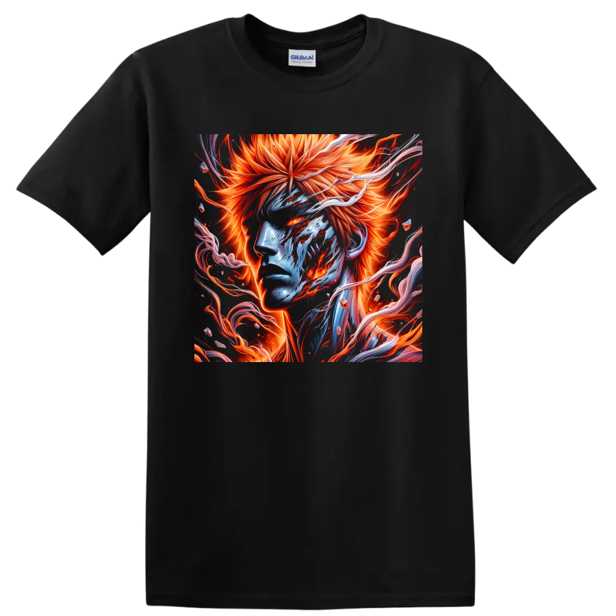 Ichigo Kurosaki fiery orange and blue anime portrait with swirling energy ribbons on a Black T Shirt
