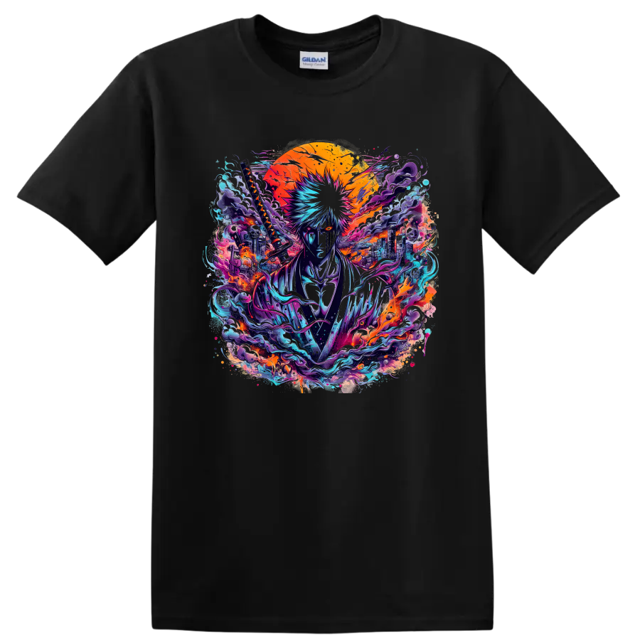 Hollow Ichigo neon katana warrior anime graphic with blazing sun and cityscape on a Black T Shirt