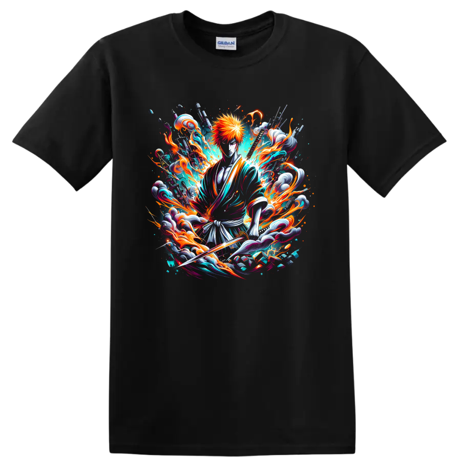 Ichigo Kurosaki Soul Reaper with sword in fiery teal anime splash art on a Black T Shirt