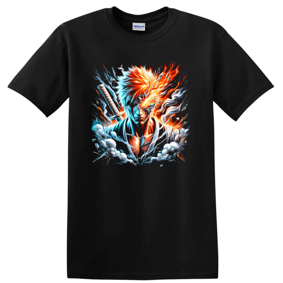 Ichigo Kurosaki sword warrior in fiery orange and icy blue energy graphic art on a Black T Shirt