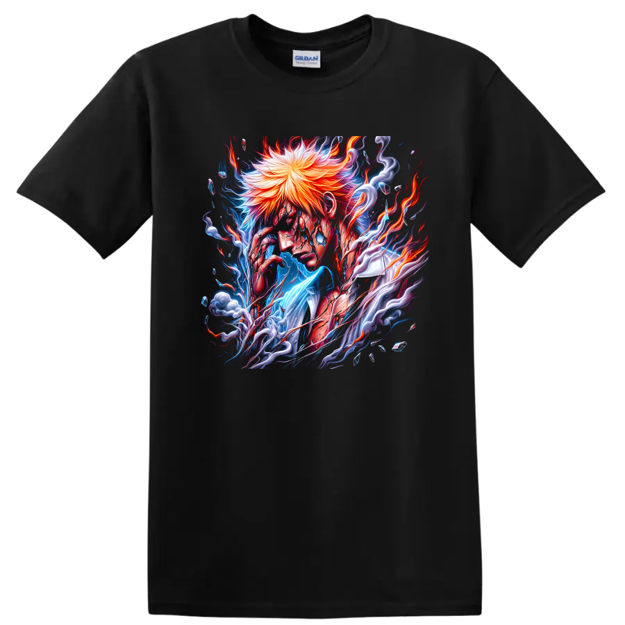 Ichigo Kurosaki fiery energy anime warrior graphic print on a Black T Shirt