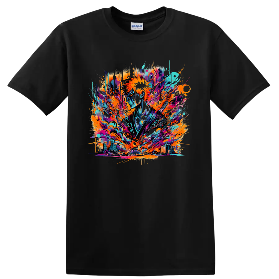 Ichigo Kurosaki in neon abstract graffiti-style Soul Reaper artwork on a Black T Shirt