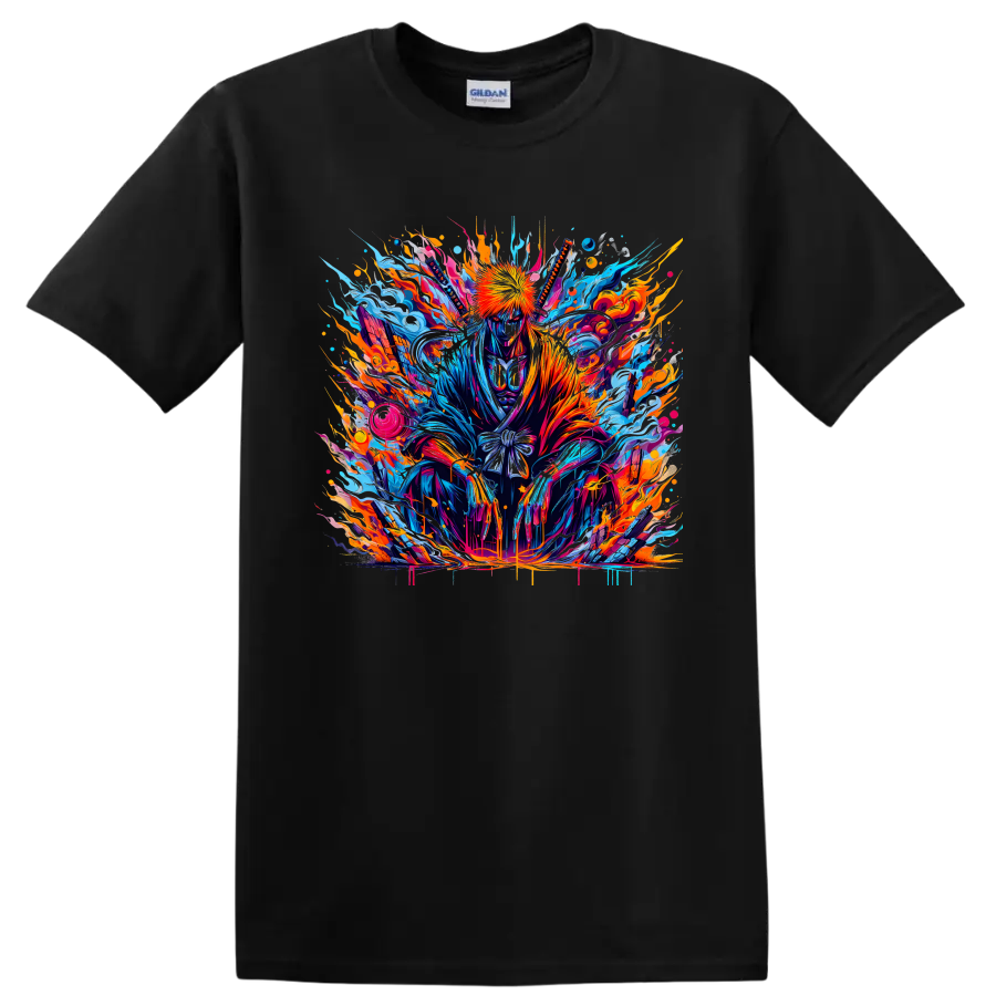 Ichigo Kurosaki neon splash-art warrior graphic with blue energy and orange flames on a Black T Shirt