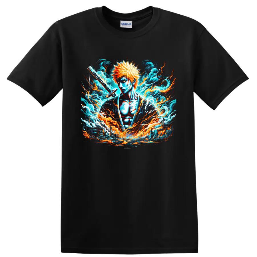 Ichigo Kurosaki with katana amid fiery energy and crashing waves anime graphic on a Black T Shirt