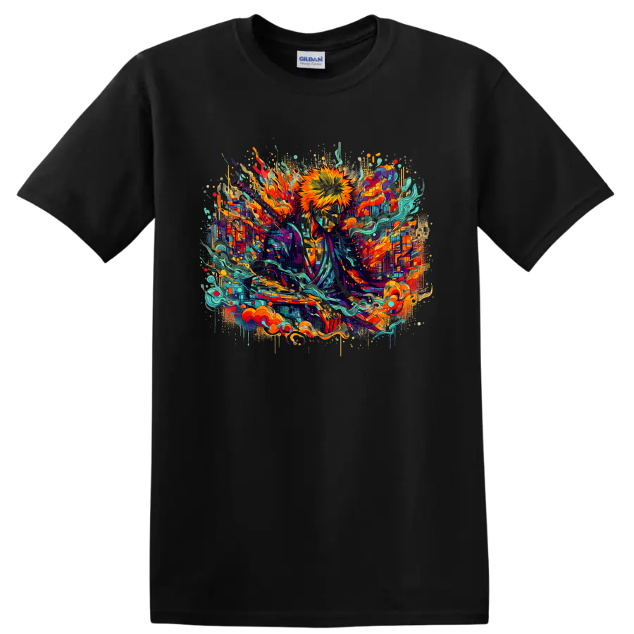 Ichigo Kurosaki Bleach sword hero in colorful abstract energy art on a Black T Shirt