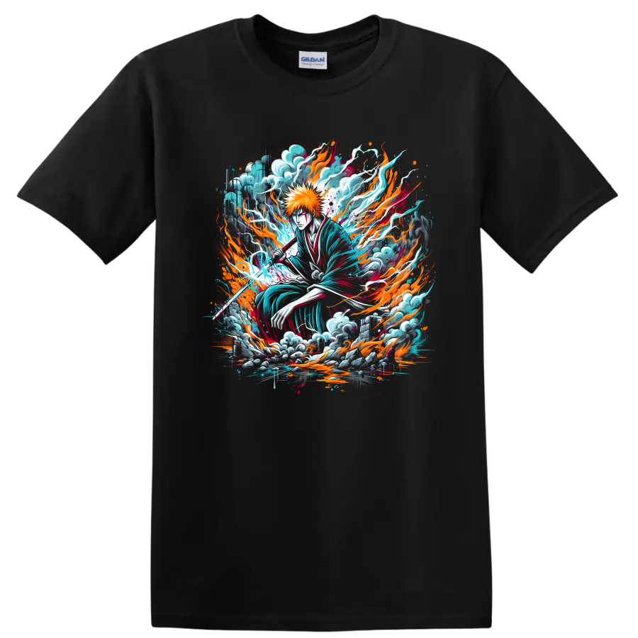 Ichigo Kurosaki fiery sword anime art with turquoise energy and flame effects on a Black T Shirt