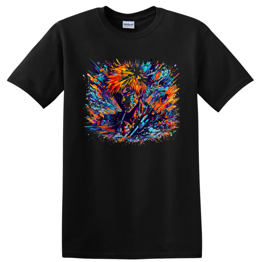 Ichigo Kurosaki stained-glass-style abstract anime portrait with sword on a Black T Shirt