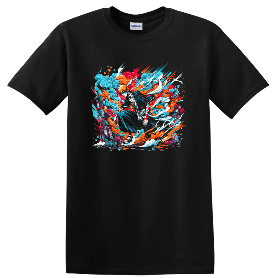 Ichigo Kurosaki Bleach anime action graphic with colorful waves and paint splashes on a Black T Shirt