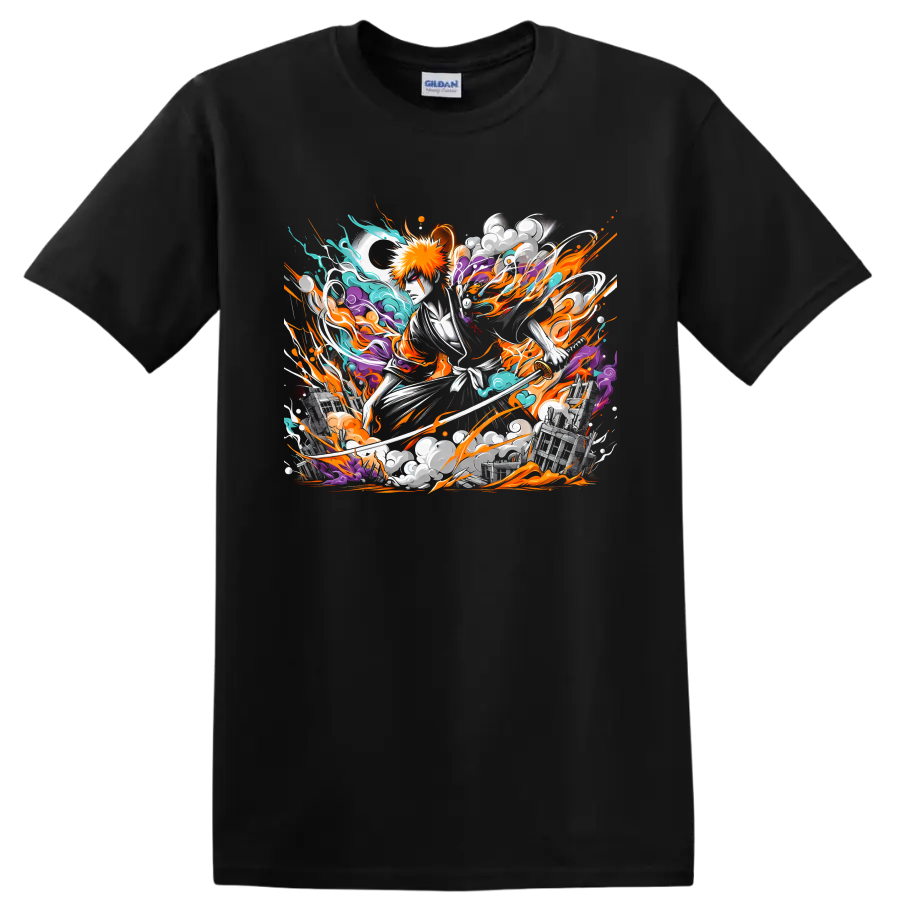 Ichigo Kurosaki with sword in dynamic orange, teal, and purple anime energy art on a Black T Shirt