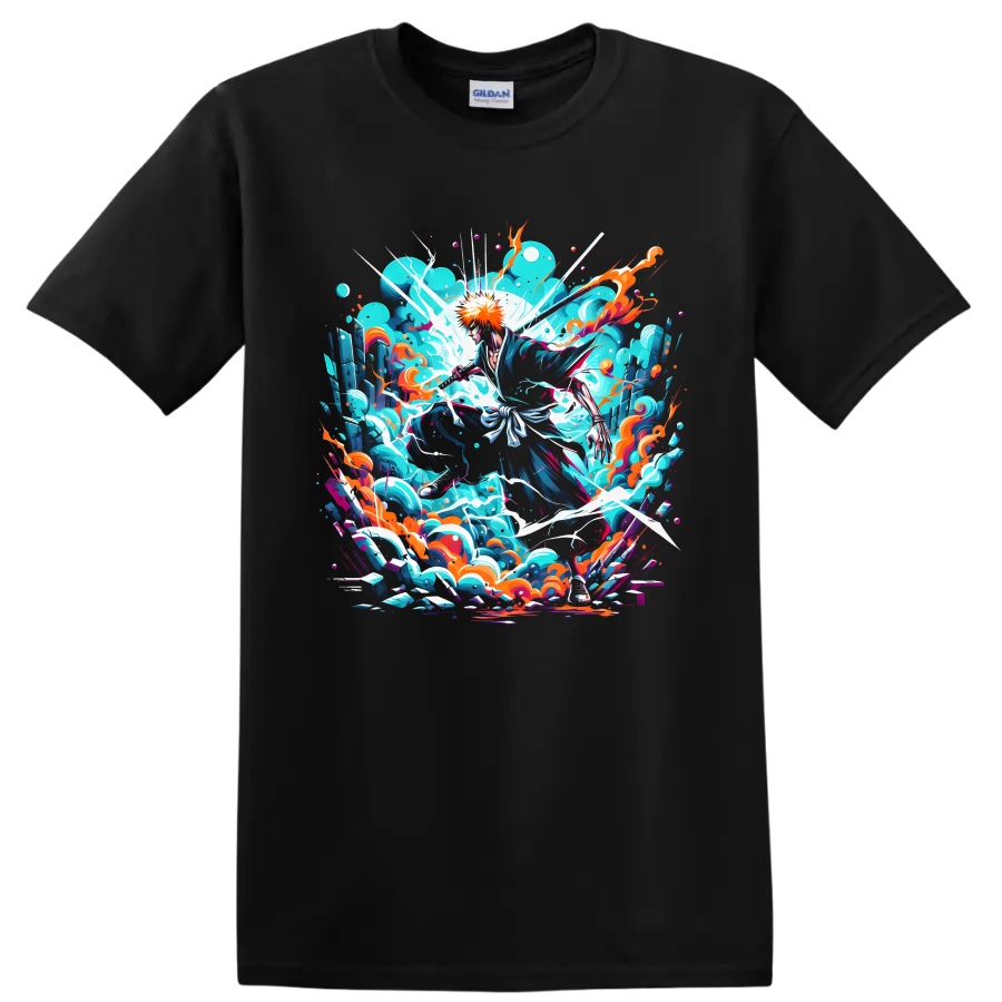 Ichigo Kurosaki sword action graphic with turquoise energy waves and orange accents on a Black T Shirt
