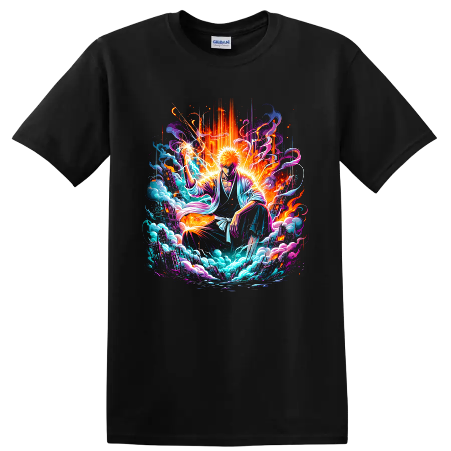 Ichigo Kurosaki neon fantasy battle art with energy waves, sparks, and swirling clouds on a Black T Shirt