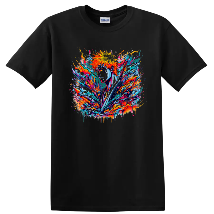 Ichigo Kurosaki Bleach neon sword warrior graphic with flames and blue energy on a Black T Shirt