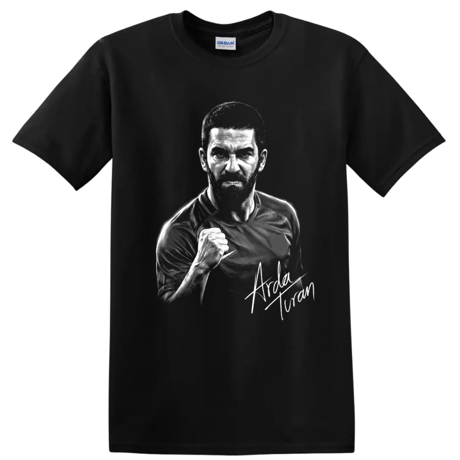 Arda Turan monochrome soccer portrait with raised fist and signature-style detail on a Black T Shirt