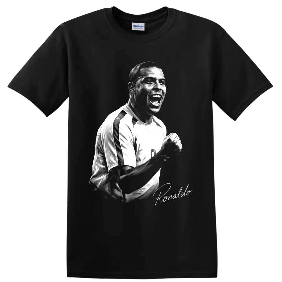 Ronaldo Nazário monochrome soccer celebration portrait with signature-style detail on a Black T Shirt