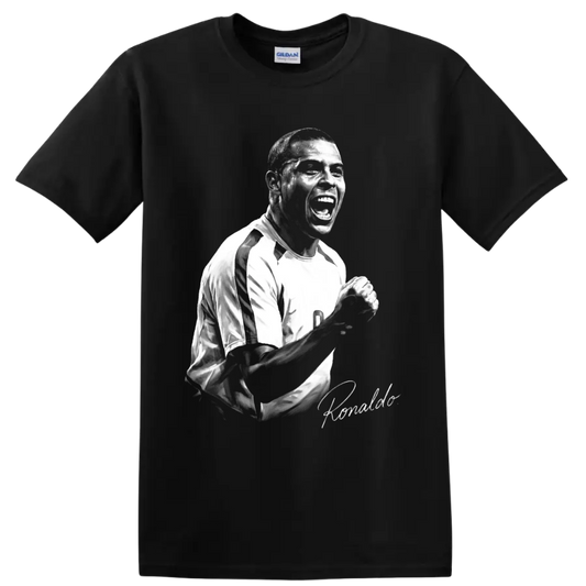 Ronaldo Nazário monochrome soccer celebration portrait with signature-style detail on a Black T Shirt