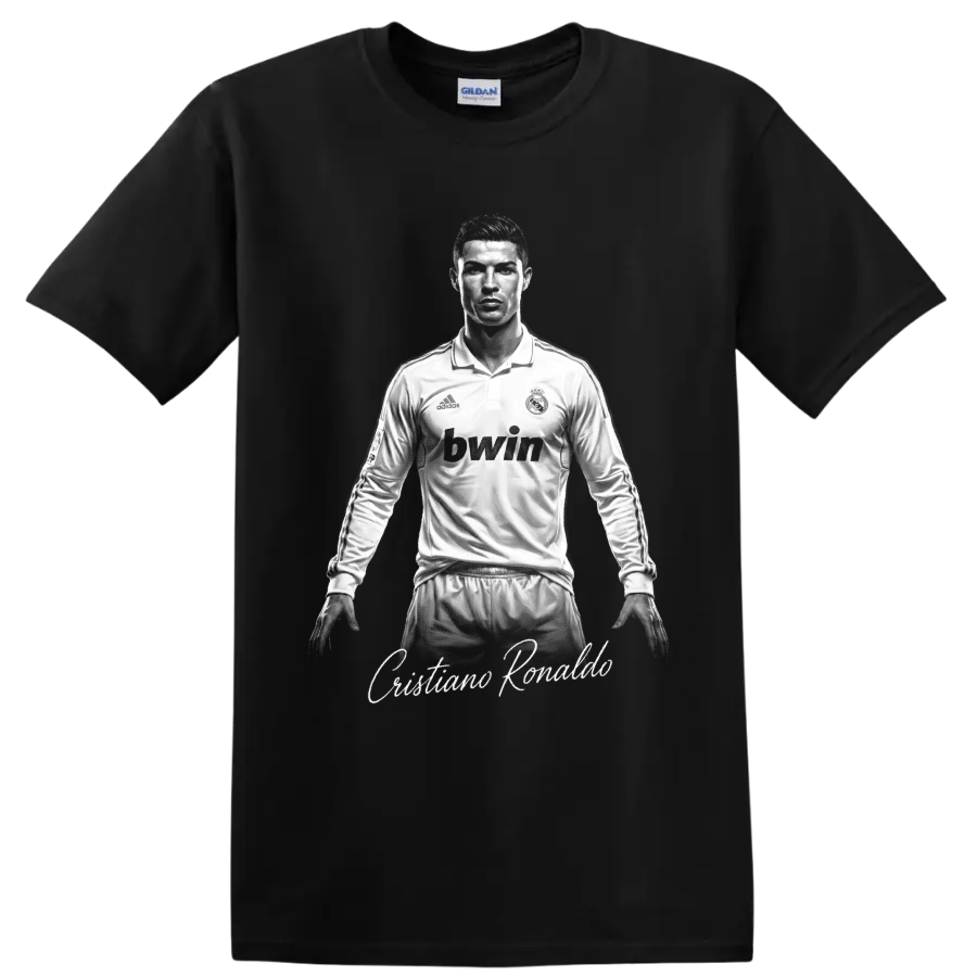 Cristiano Ronaldo Real Madrid monochrome soccer portrait with script name on a Black T Shirt