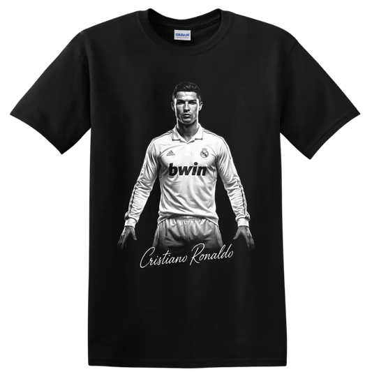 Cristiano Ronaldo Real Madrid monochrome soccer portrait with script name on a Black T Shirt