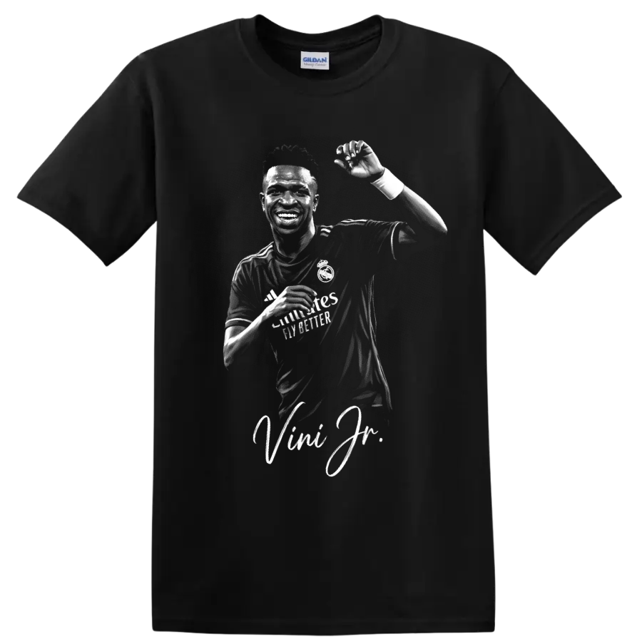 Vinícius Júnior Real Madrid monochrome celebration portrait with signature script on a Black T Shirt