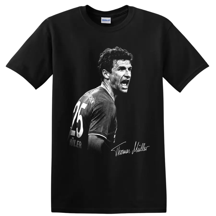 Thomas Müller black-and-white soccer portrait with number 25 jersey and signature detail on a Black T Shirt