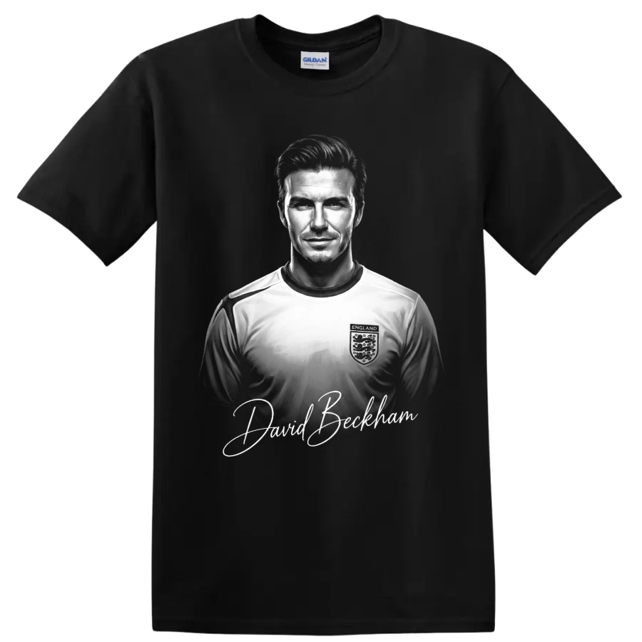 David Beckham England soccer portrait with signature-style lettering on a Black T Shirt
