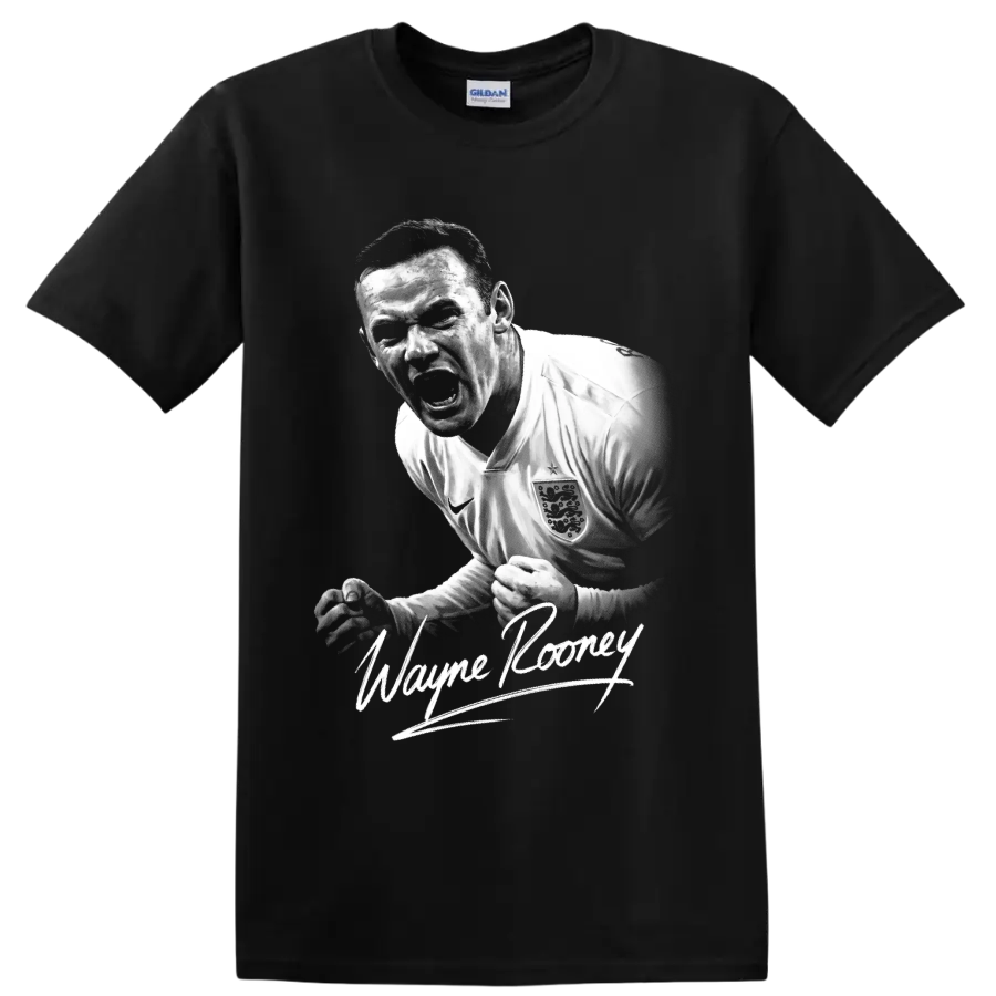 Wayne Rooney England soccer player monochrome portrait with signature-style lettering on a Black T Shirt