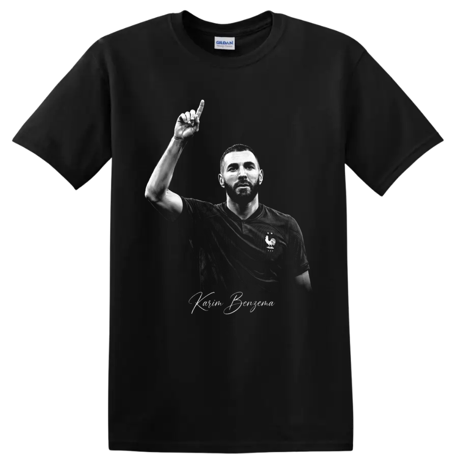 Karim Benzema France soccer portrait with raised finger and signature-style lettering on a Black T Shirt