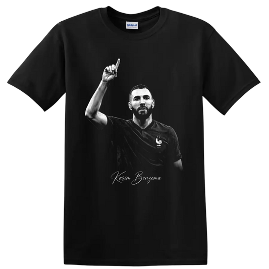 Karim Benzema France soccer portrait with raised finger and signature-style lettering on a Black T Shirt
