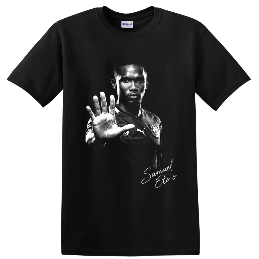 Samuel Eto'o Cameroon soccer portrait in dramatic distressed black-and-white style on a Black T Shirt
