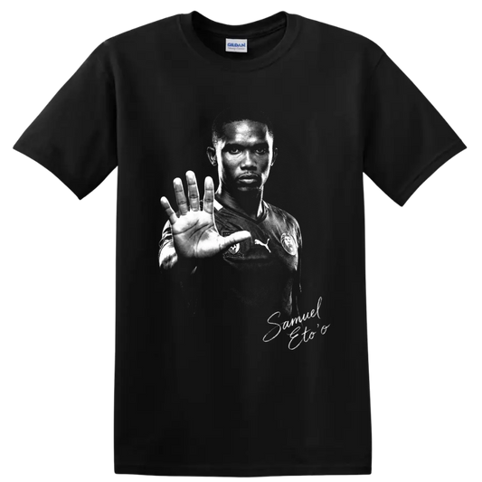 Samuel Eto'o Cameroon soccer portrait in dramatic distressed black-and-white style on a Black T Shirt