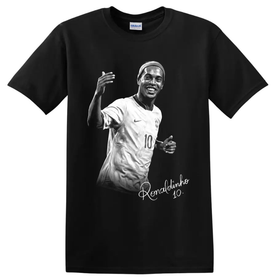 Ronaldinho in Brazil number 10 jersey, monochrome soccer portrait with signature script on a Black T Shirt