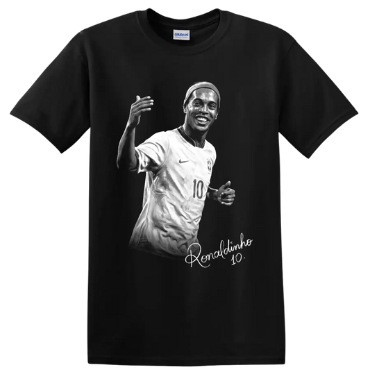 Ronaldinho in Brazil number 10 jersey, monochrome soccer portrait with signature script on a Black T Shirt