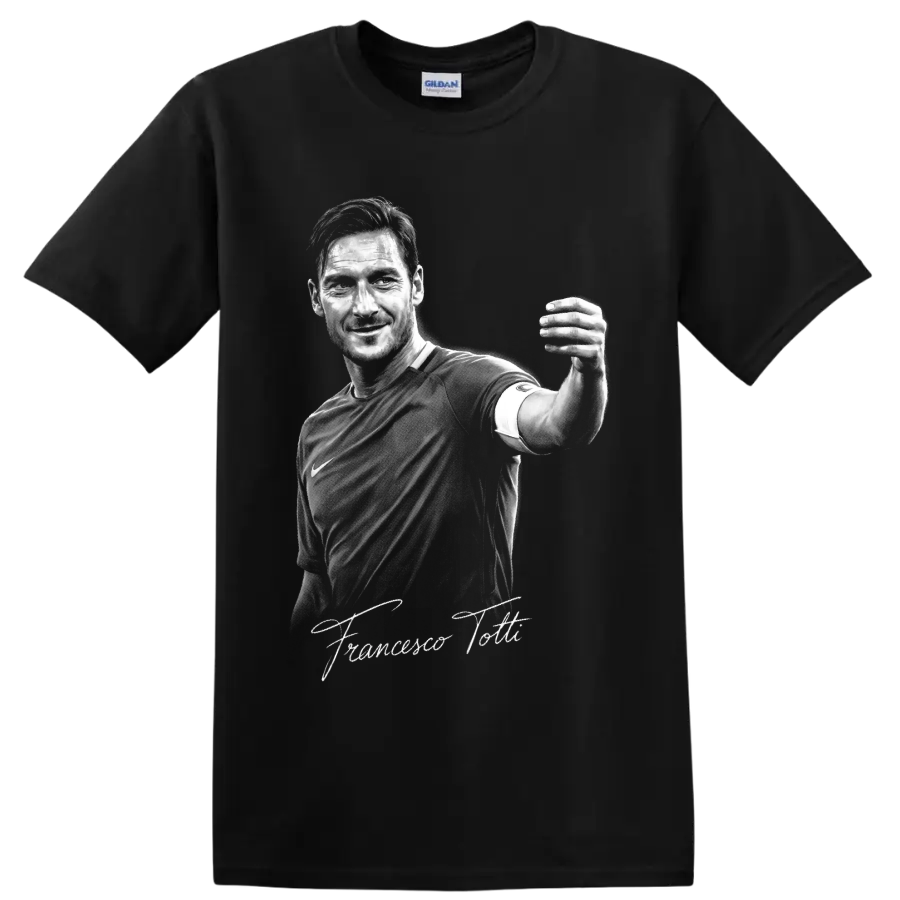 Francesco Totti monochrome soccer portrait with signature-style lettering on a Black T Shirt
