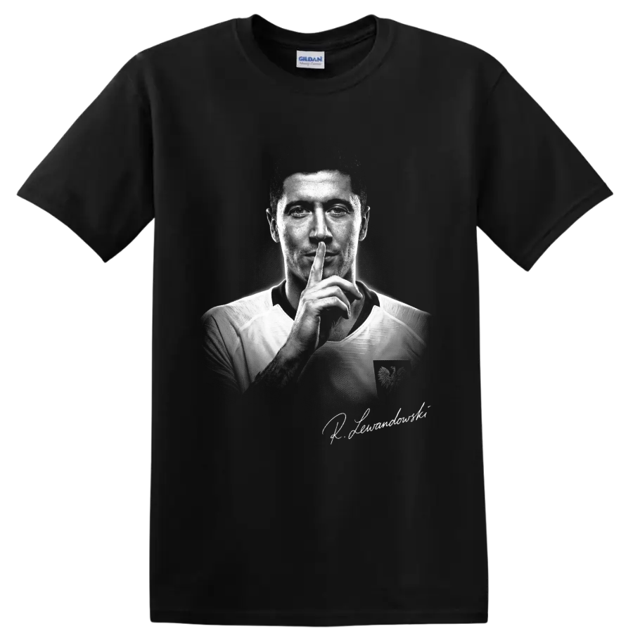 Robert Lewandowski Poland soccer shushing portrait in dramatic monochrome style on a Black T Shirt