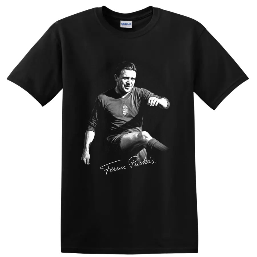 Ferenc Puskás monochrome soccer action portrait with signature-style lettering on a Black T Shirt