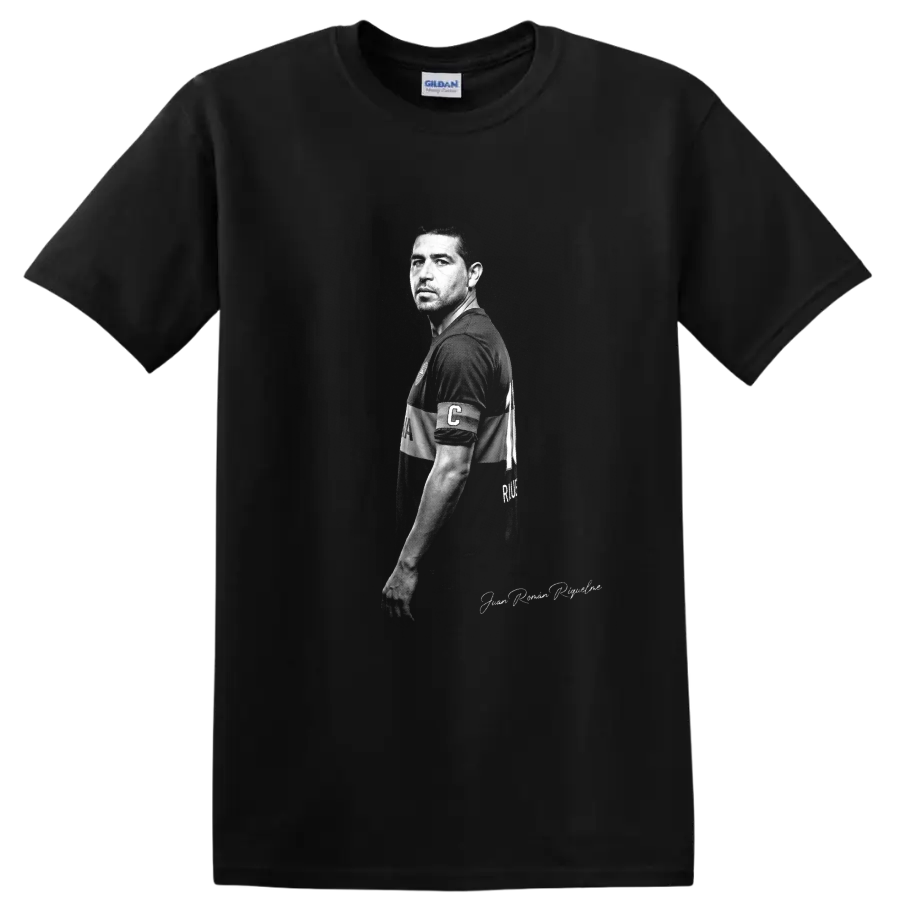 Juan Román Riquelme monochrome soccer portrait with captain’s armband on a Black T Shirt