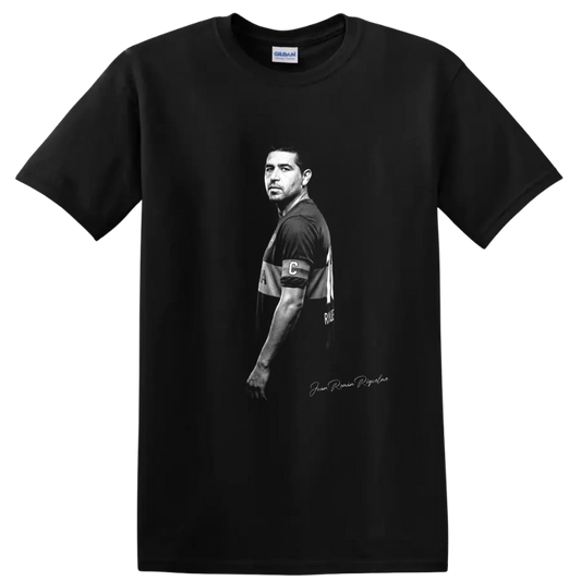 Juan Román Riquelme monochrome soccer portrait with captain’s armband on a Black T Shirt