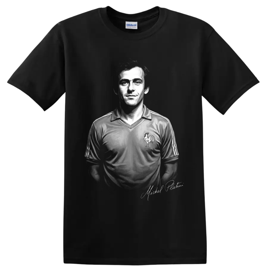 Michel Platini black-and-white France soccer jersey portrait with signature detail on a Black T Shirt