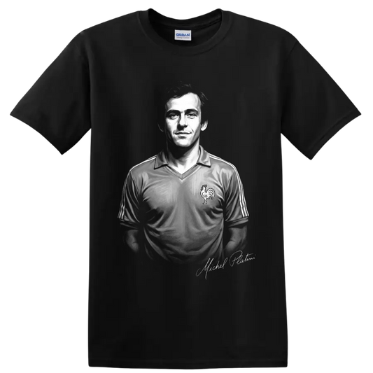 Michel Platini black-and-white France soccer jersey portrait with signature detail on a Black T Shirt