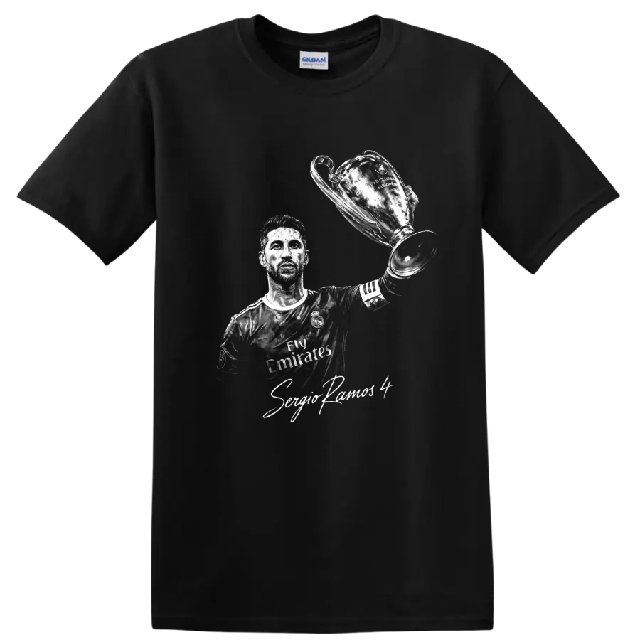 Sergio Ramos monochrome portrait raising a European trophy with signature-style text on a Black T Shirt