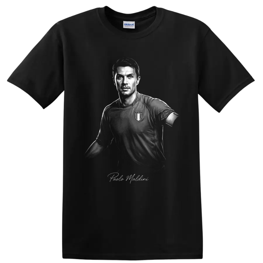 Paolo Maldini monochrome Italy soccer portrait with signature-style name lettering on a Black T Shirt
