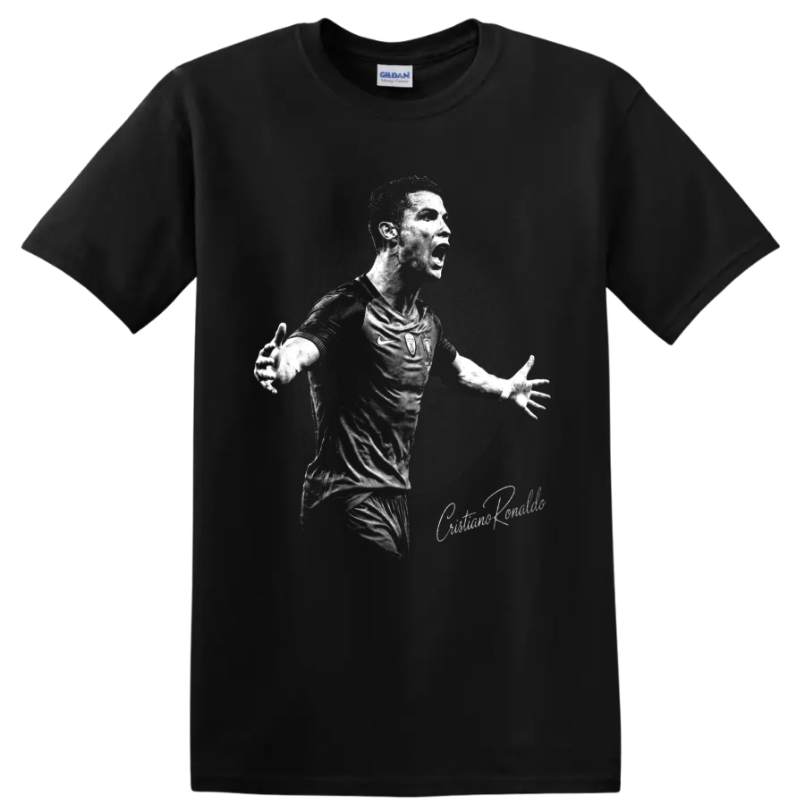 Cristiano Ronaldo celebrating in a distressed black-and-white soccer portrait on a Black T Shirt