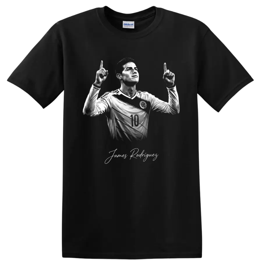 James Rodríguez monochrome number 10 soccer portrait with signature-style name on a Black T Shirt