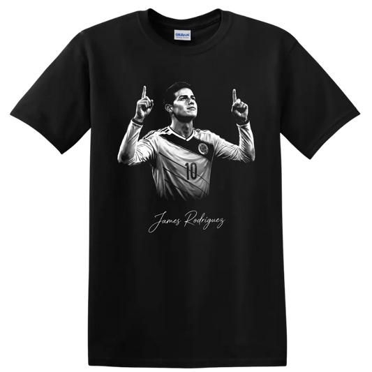 James Rodríguez monochrome number 10 soccer portrait with signature-style name on a Black T Shirt