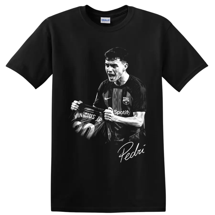 Pedri FC Barcelona soccer celebration portrait with number 20 jersey and signature on a Black T Shirt