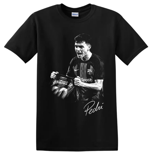 Pedri FC Barcelona soccer celebration portrait with number 20 jersey and signature on a Black T Shirt