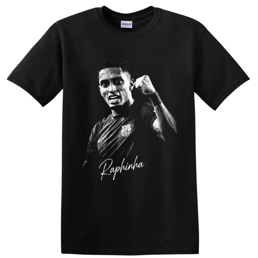 Raphinha raised-fist grayscale soccer portrait with signature-style name lettering on a Black T Shirt