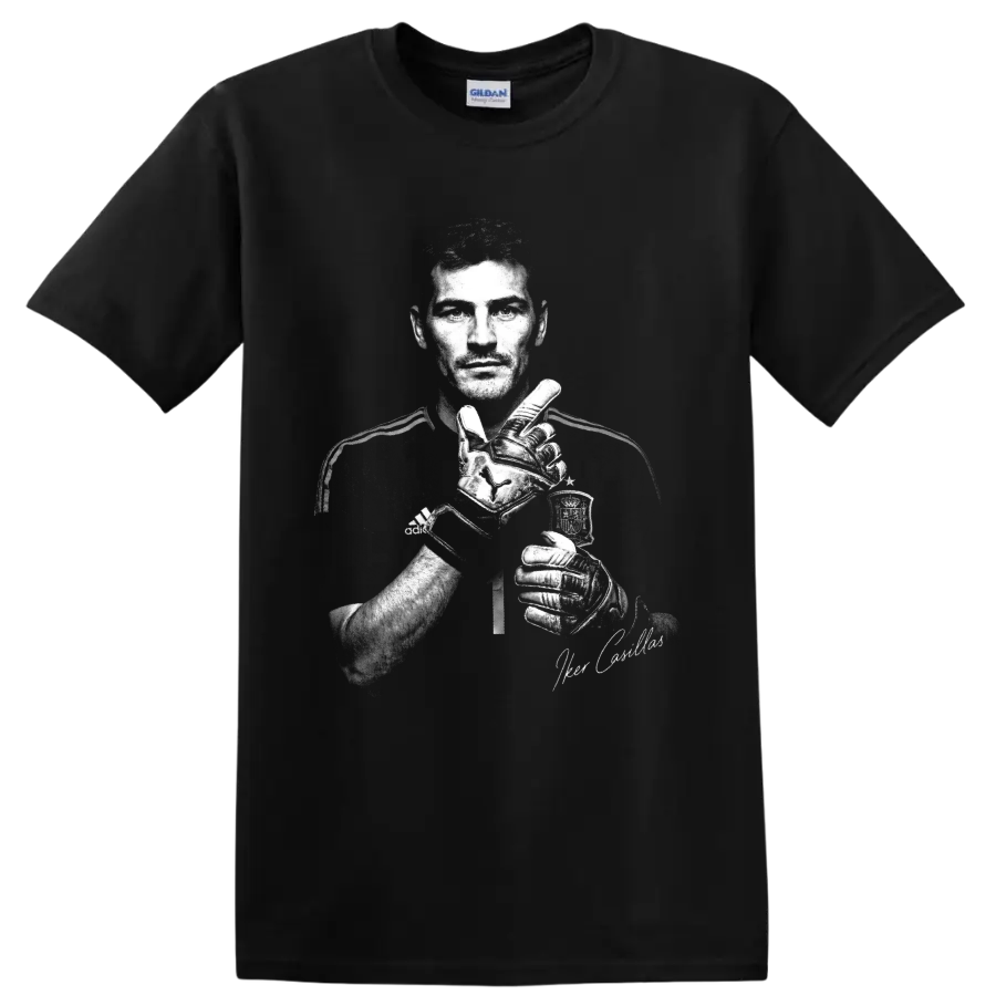 Iker Casillas monochrome goalkeeper portrait with gloves and signature-style accent on a Black T Shirt