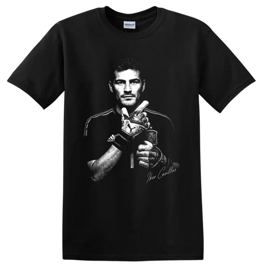 Iker Casillas monochrome goalkeeper portrait with gloves and signature-style accent on a Black T Shirt